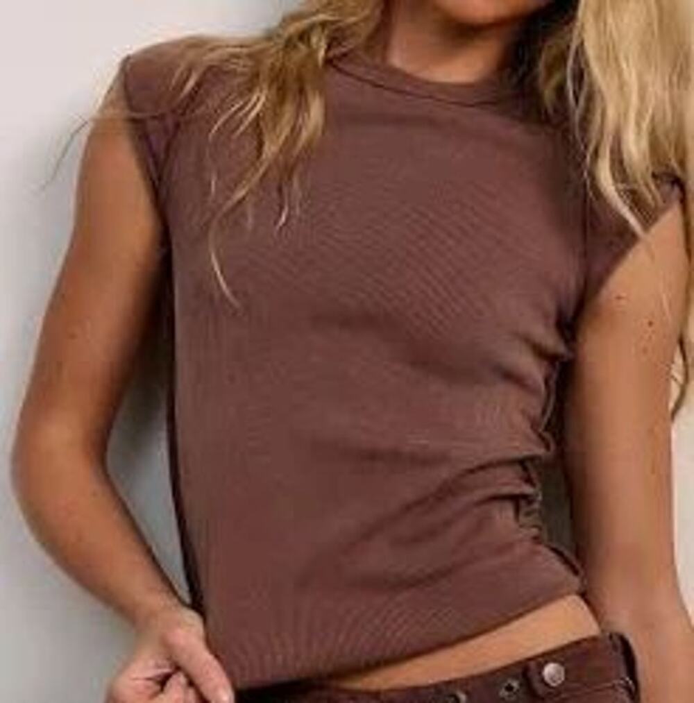 WE THE FREE Ever Had Cap Sleeve Cotton T-Shirt SZ LG COCOA BROWN